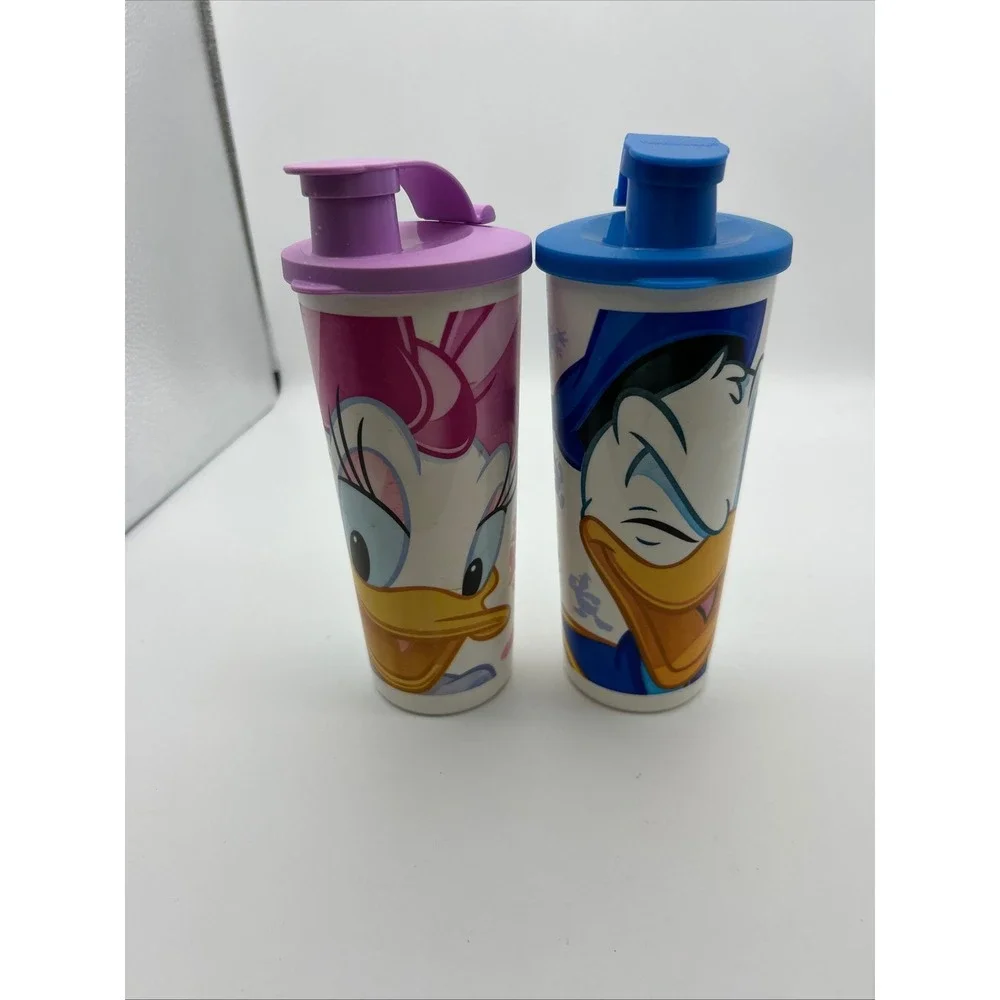 Tupperware Disney Donald & Daisy Duck 16oz Tumbler Set Flip Top Lids 2pc‎